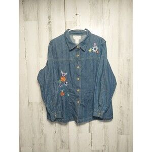 Country Concept Denim Shirt w Cute Floral Embroidery & Slimming Shaping Seams-1X